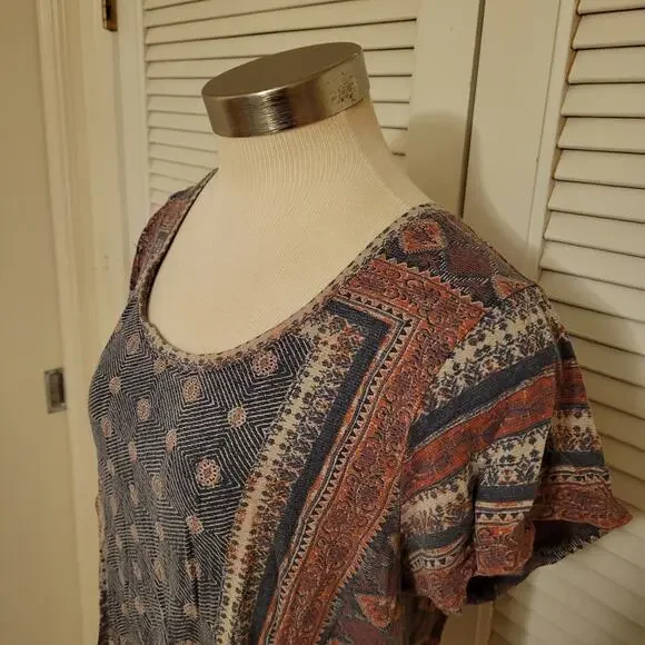 Boho 2000s Lucky Brand XL Geometric Printed Lightweight Linen Blend Tee Shirt XL - Picture 2 of 8